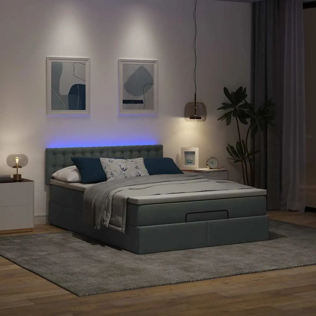 Ottoman Bed Queen Size Pocket Spring Mattress LED Lights Grey Fabric
