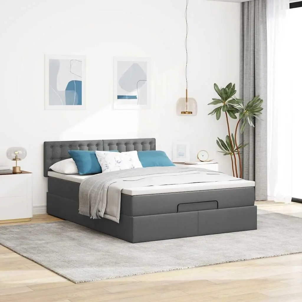 Ottoman Bed Queen Size Pocket Spring Mattress LED Lights Grey Fabric
