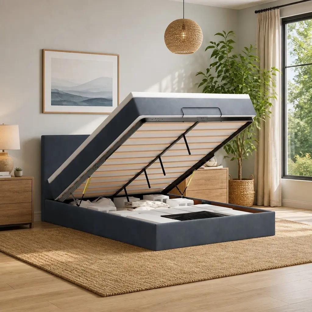 Ottoman Bed Double Grey Velvet Pocket Spring Mattress Storage Lift LED