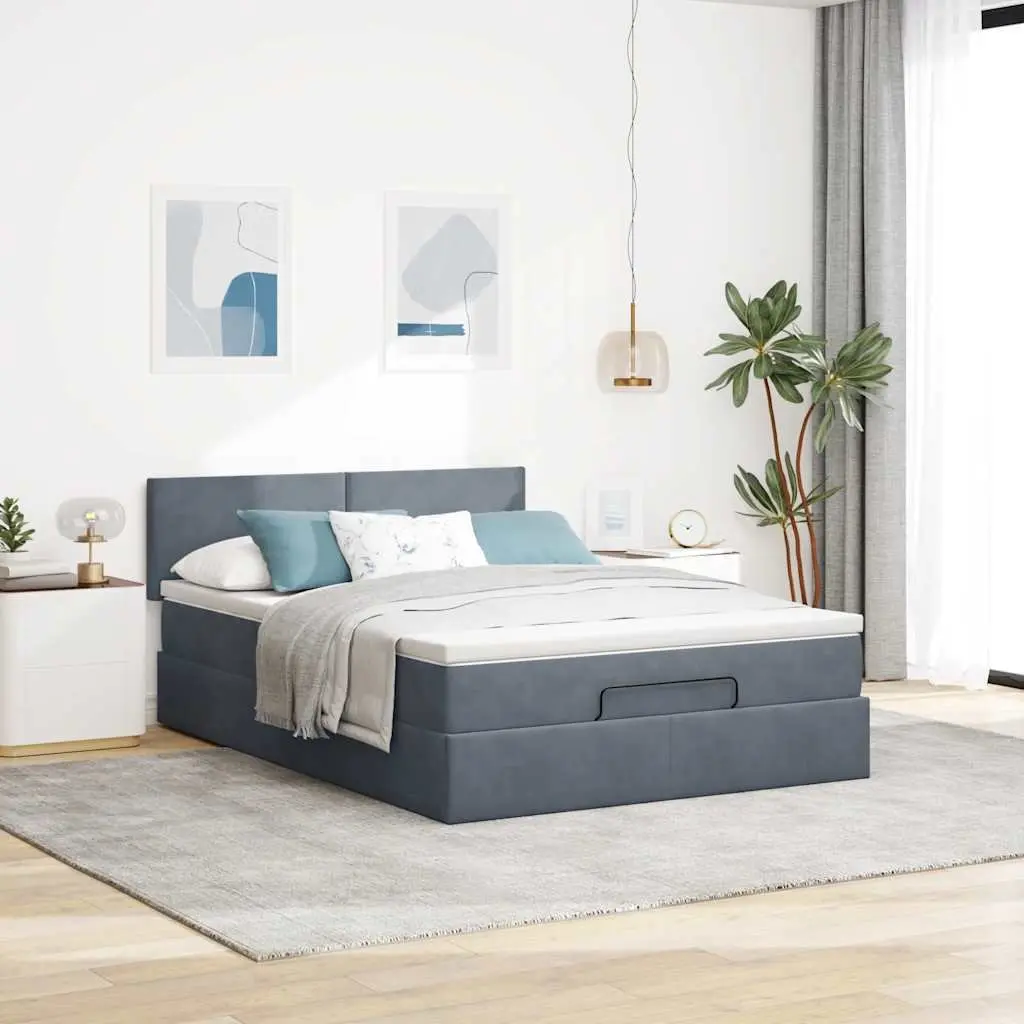 Ottoman Bed Double Grey Velvet Pocket Spring Mattress Storage Lift LED