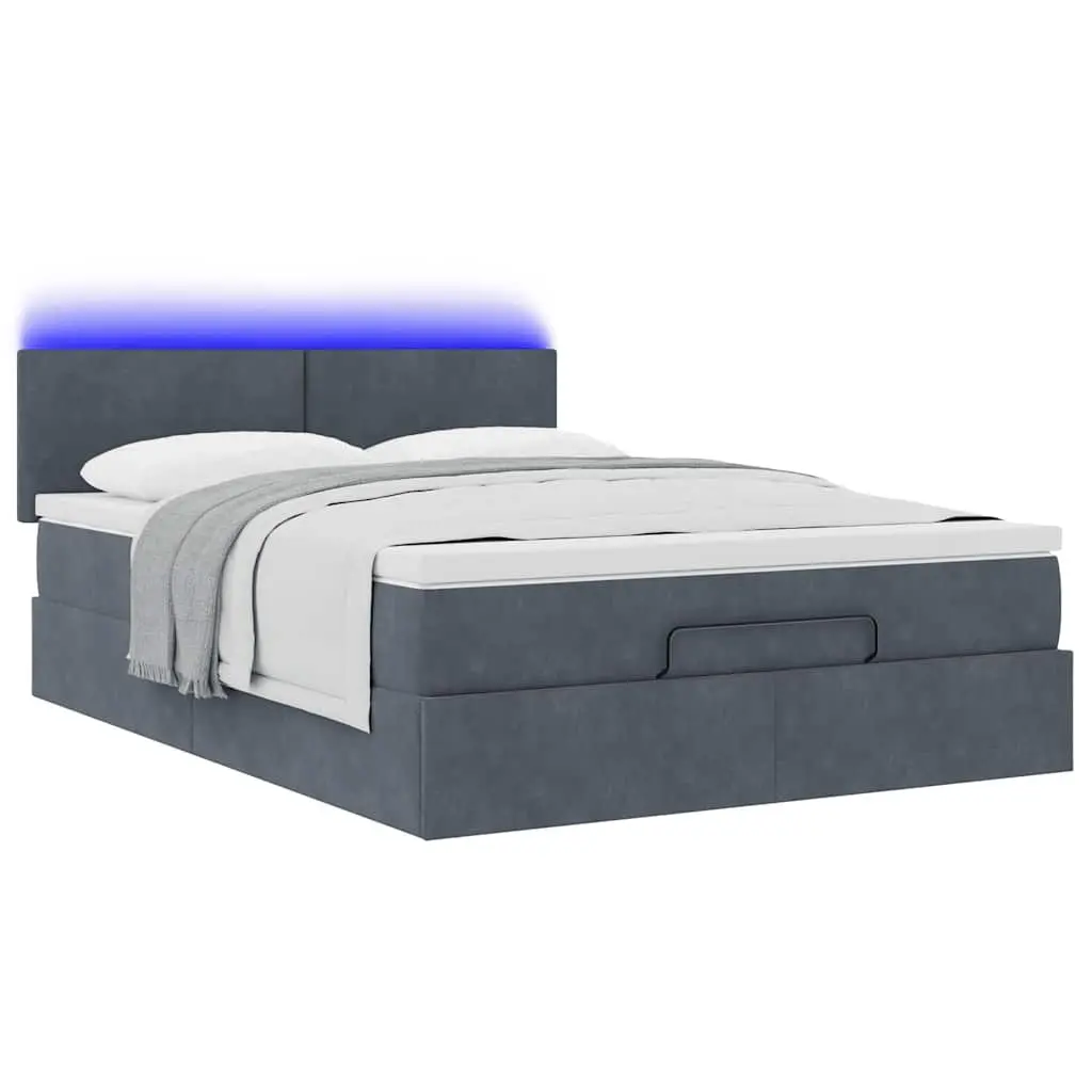 Ottoman Bed Double Grey Velvet Pocket Spring Mattress Storage Lift LED