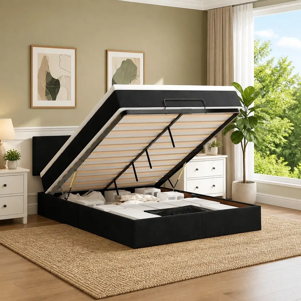 Ottoman Bed Pocket Spring Mattress LED Lights Storage Double Black Velvet