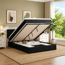 Ottoman Bed with Pocket Spring Mattress LED Lights Storage Black Double Velvet