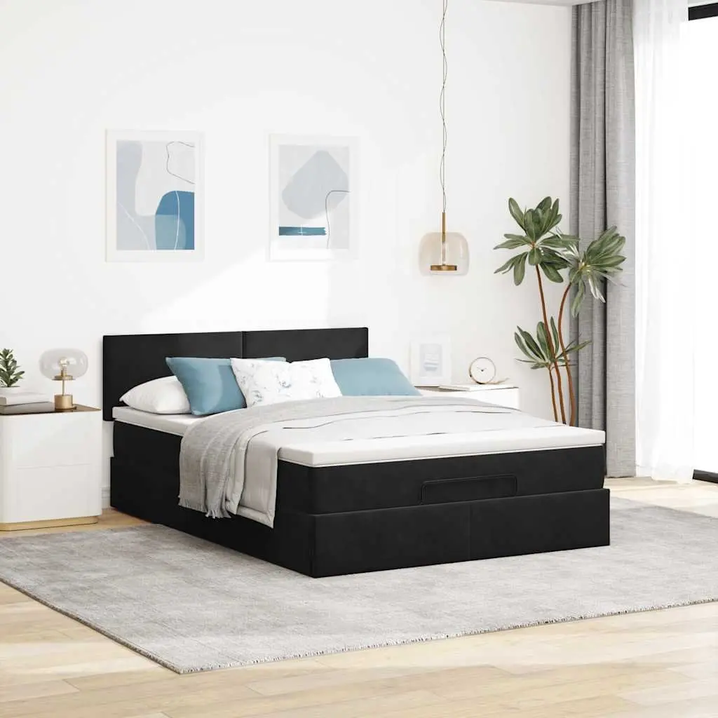 Ottoman Bed Pocket Spring Mattress LED Lights Storage Double Black Velvet