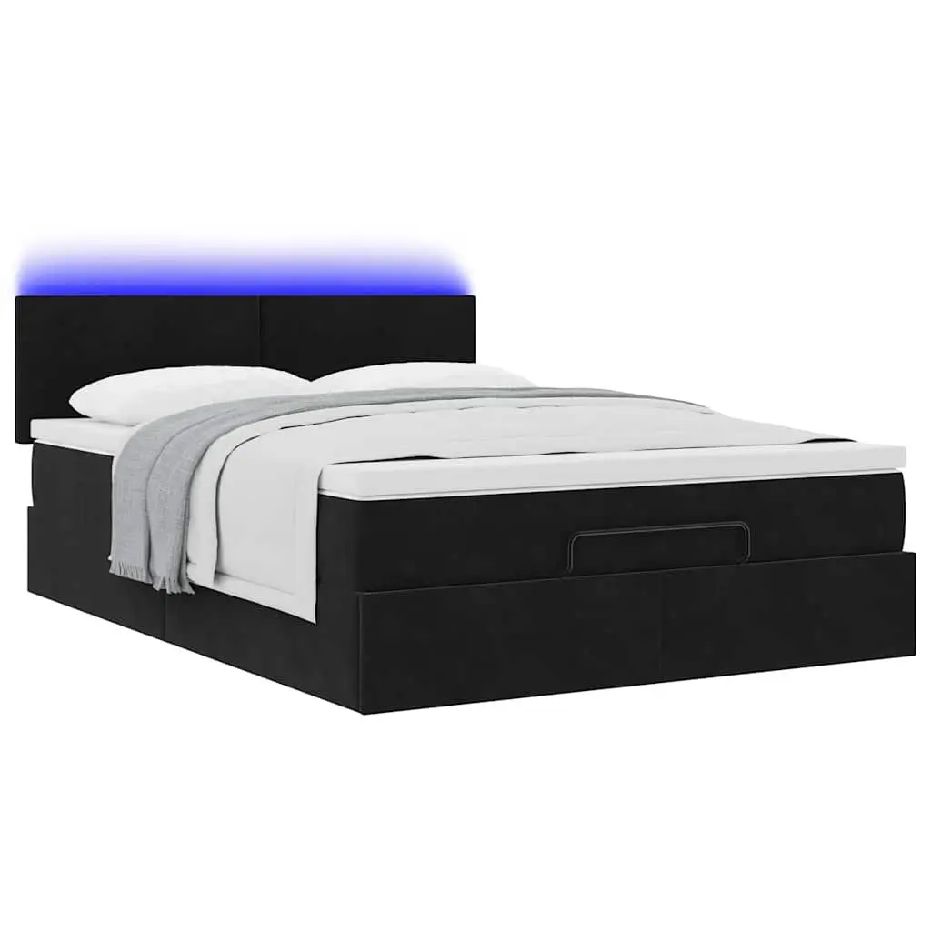 Ottoman Bed Pocket Spring Mattress LED Lights Storage Double Black Velvet