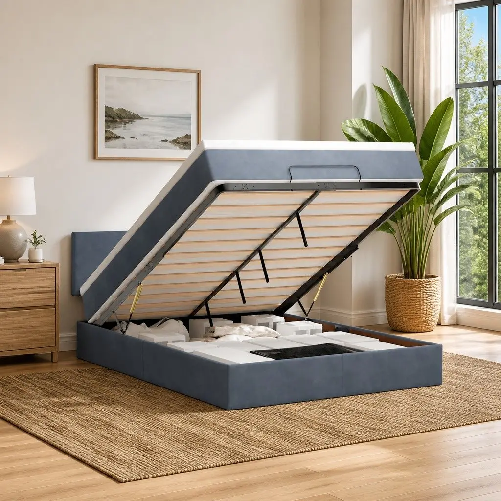 Queen Ottoman Bed Storage Pocket Spring Mattress Grey Velvet
