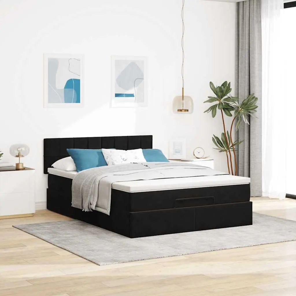 Ottoman Bed with Pocket Spring Mattress LED Lights Storage Black Double Velvet