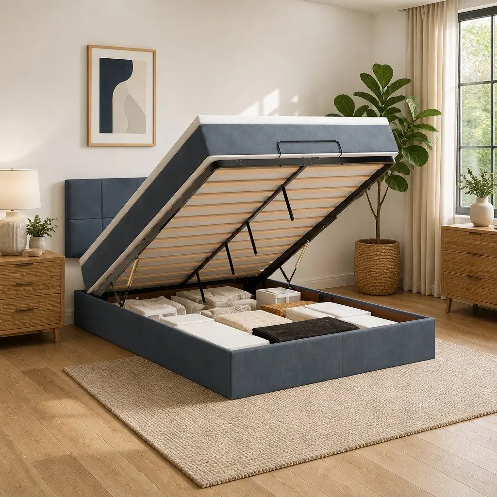 Ottoman Bed Queen Storage Pocket Spring Mattress LED Lights Grey Velvet