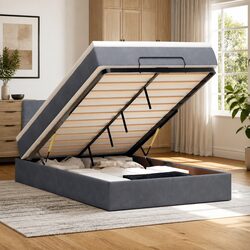Ottoman Bed with Pocket Spring Mattress LED Lights Storage King Single Grey