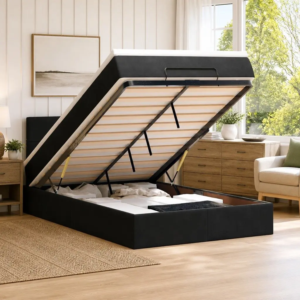 Ottoman Bed King Single with Pocket Spring Mattress LED Lights Storage Black
