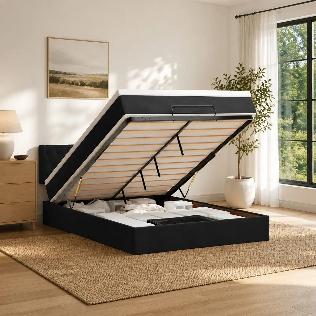 Ottoman Bed Double Storage Black Velvet Pocket Spring Mattress with LED Lights