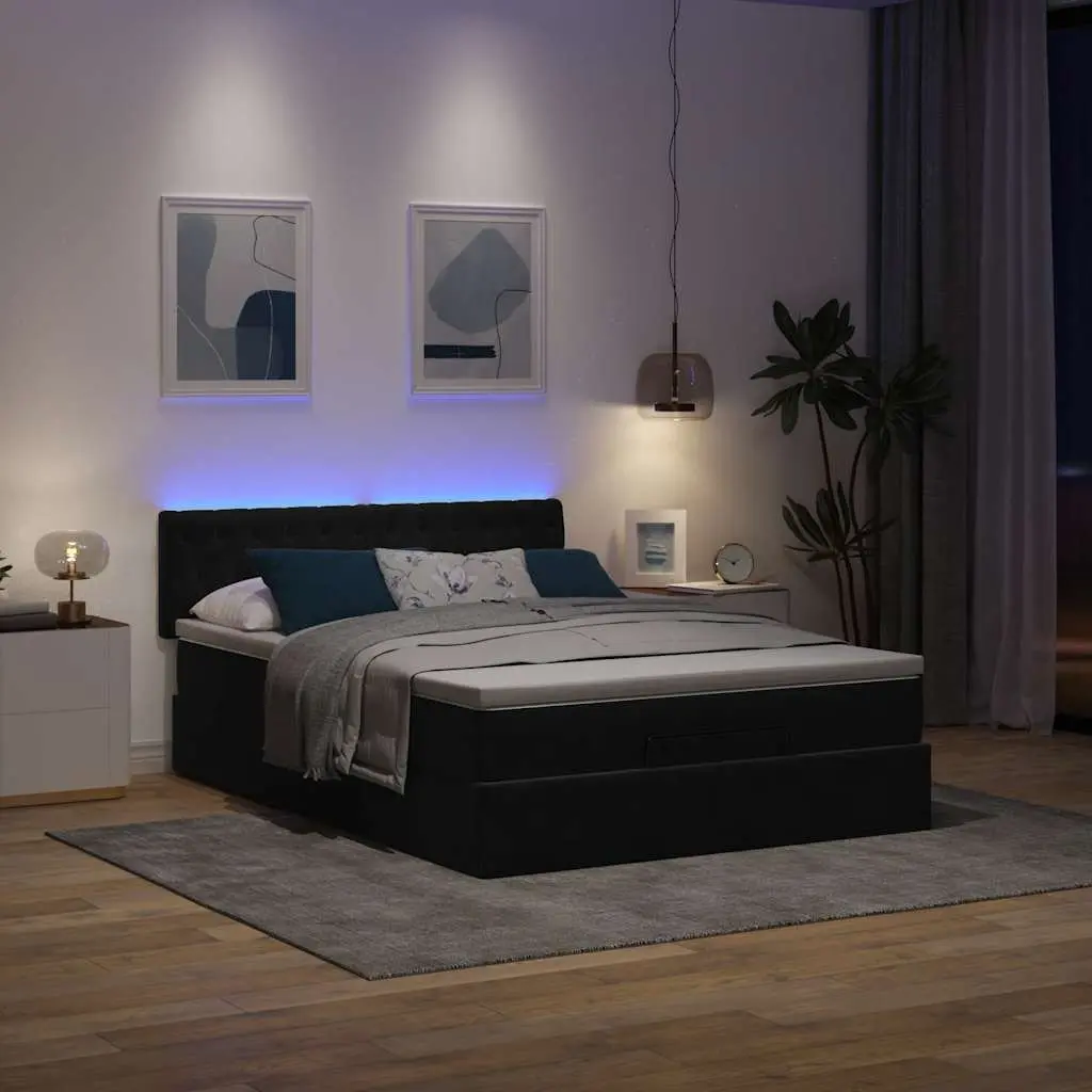 Ottoman Bed Double Storage Black Velvet Pocket Spring Mattress with LED Lights