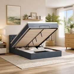 Queen Ottoman Bed with Grey Velvet and Pocket Spring Mattress