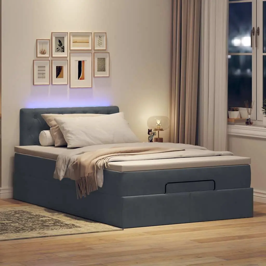 Ottoman Bed King Single Grey Velvet with Pocket Spring Mattress Storage LED