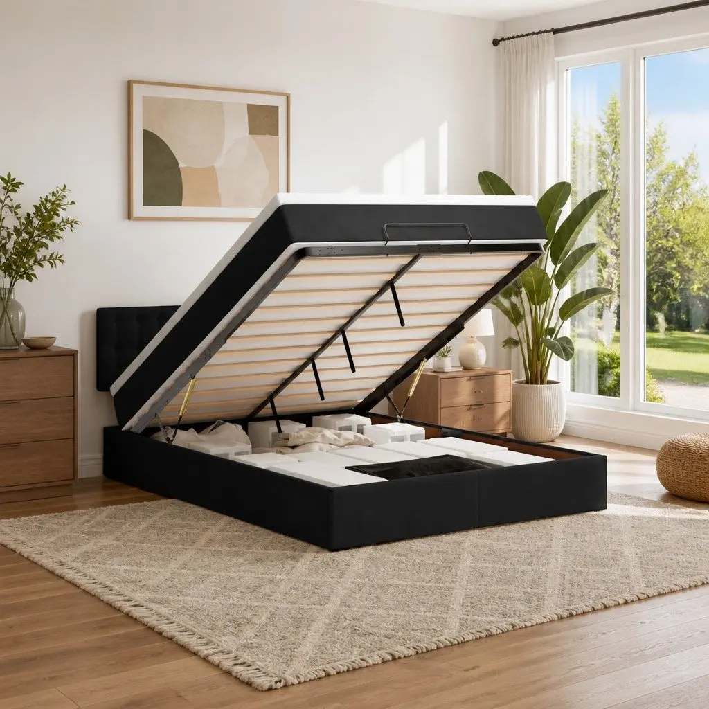 Ottoman Bed with Pocket Spring Mattress LED Lights Under-Bed Storage Black