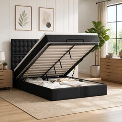 Queen Ottoman Bed Frame with Pocket Spring Mattress Black Faux Leather Storage