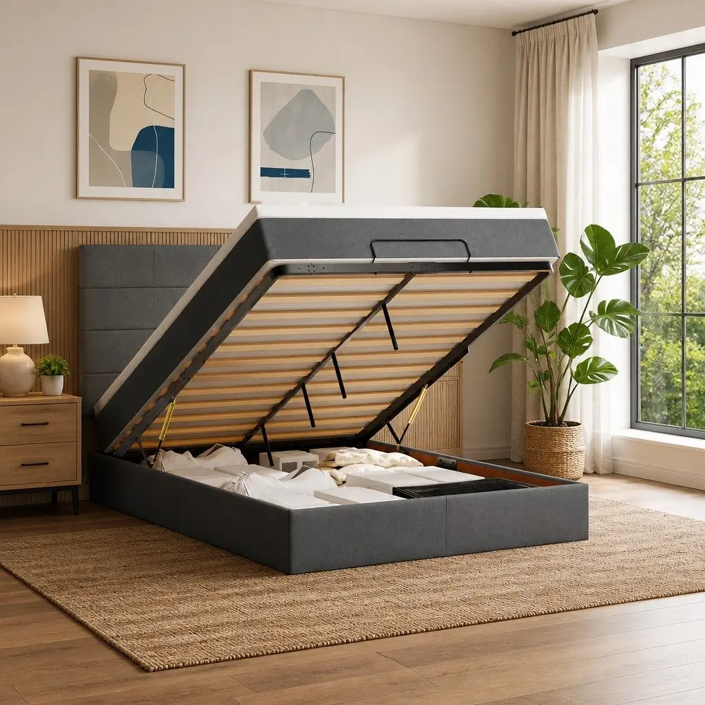 Ottoman Bed Double Grey Fabric with Mattress Storage Hydraulic Lift Frame