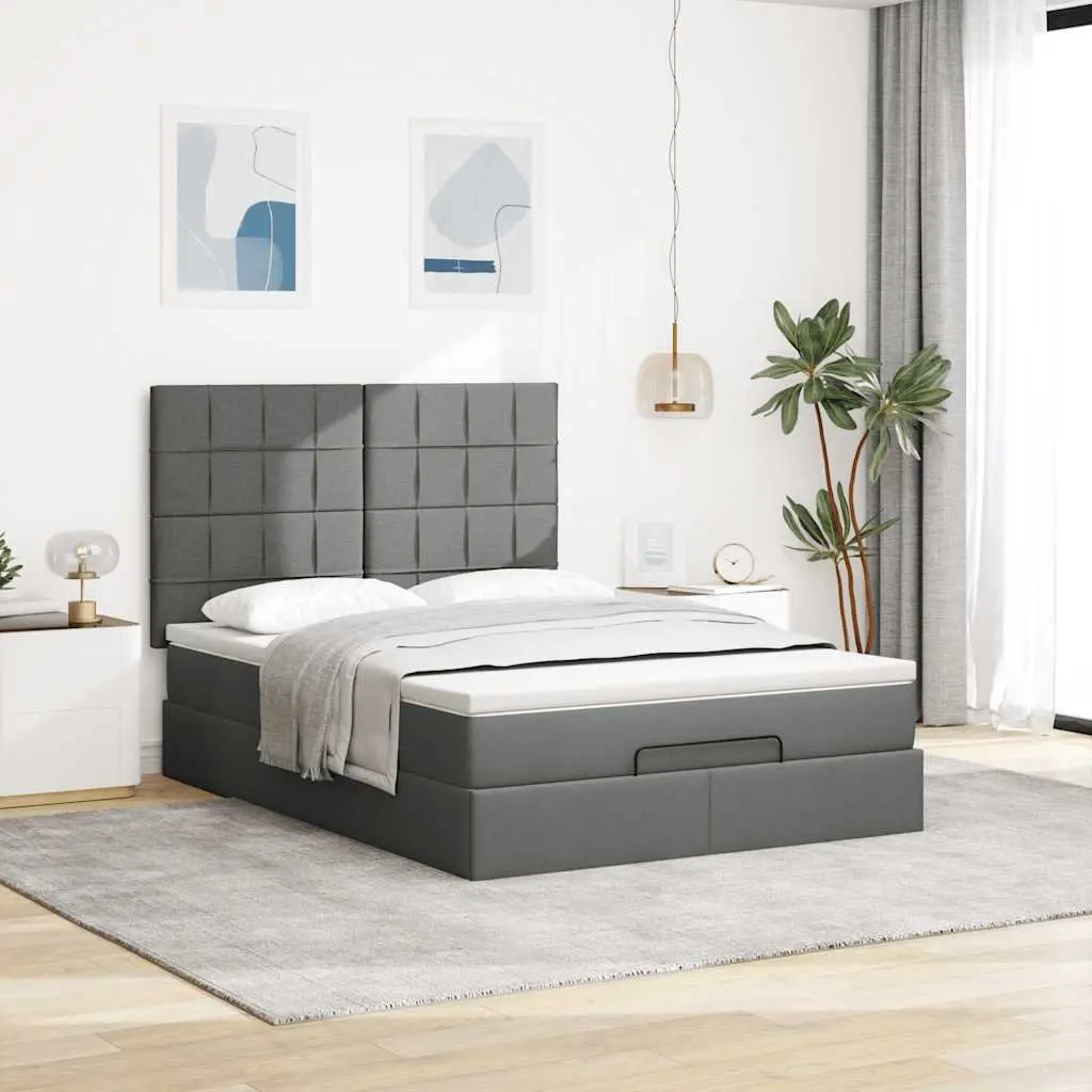 Ottoman Bed with Mattress Queen Size Grey Fabric Storage Lift Slat Base