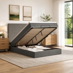Double Ottoman Bed with Pocket Spring Mattress Grey Fabric Storage Lift