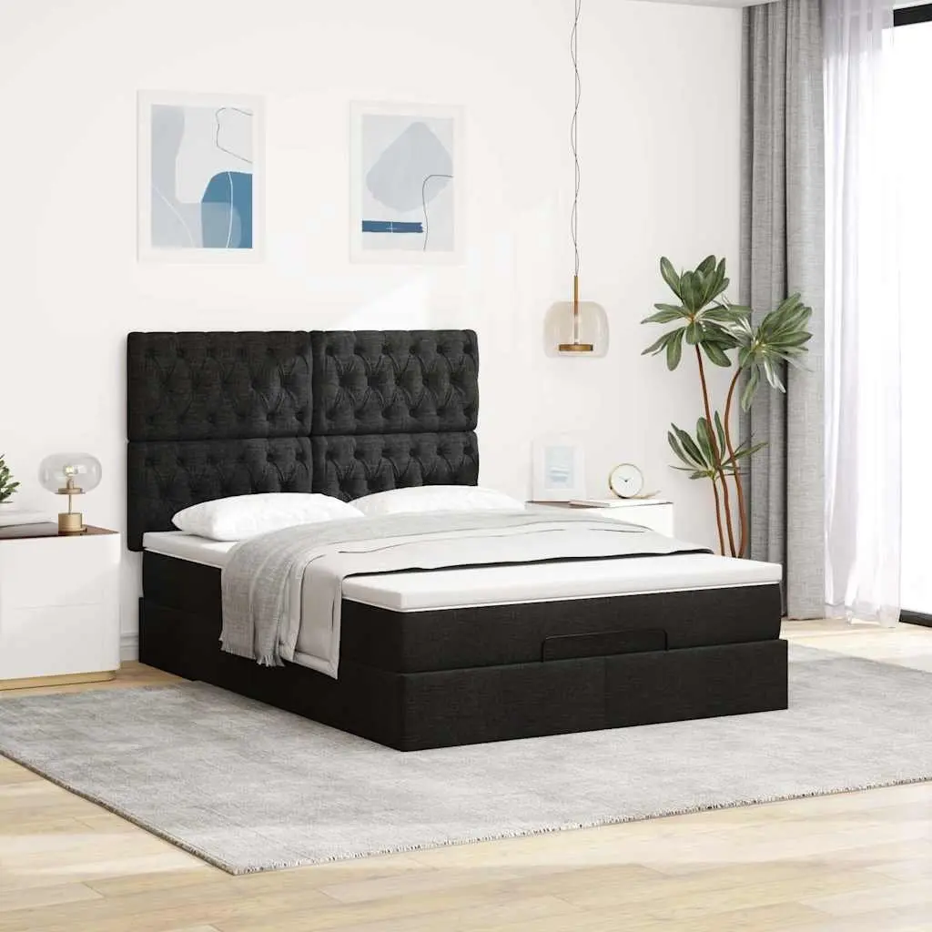 Ottoman Storage Bed with Pocket Spring Mattress Double Black Fabric Lift Base