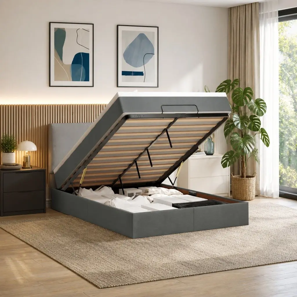 Queen Ottoman Bed with Grey Pocket Spring Mattress and Storage Functionality