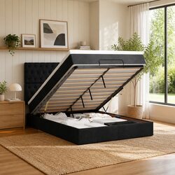 Queen Ottoman Bed with Pocket Spring Mattress Black Fabric Storage Lift Base