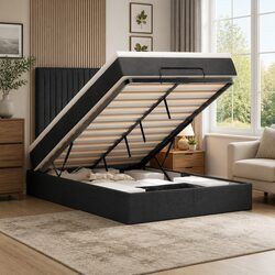 Ottoman Bed with Pocket Spring Mattress King Single Black Fabric Storage Lift
