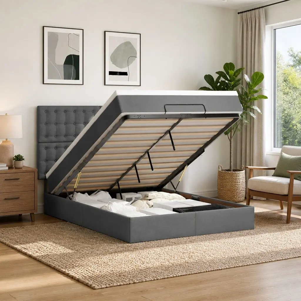 Ottoman Bed with Pocket Spring Mattress Grey Double Storage Bedroom Furniture