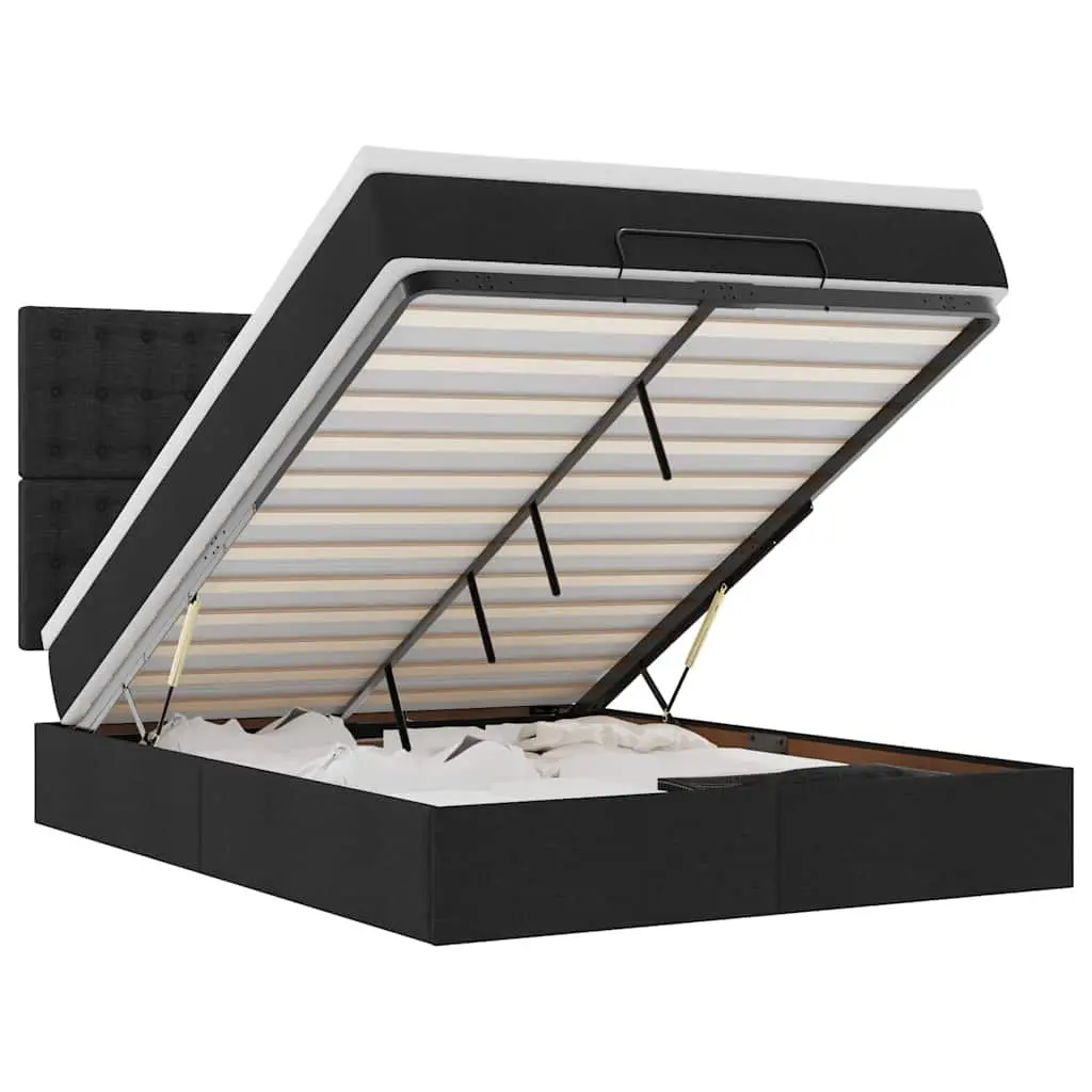 Double Ottoman Bed with Pocket Spring Mattress Black Fabric Storage Bedroom