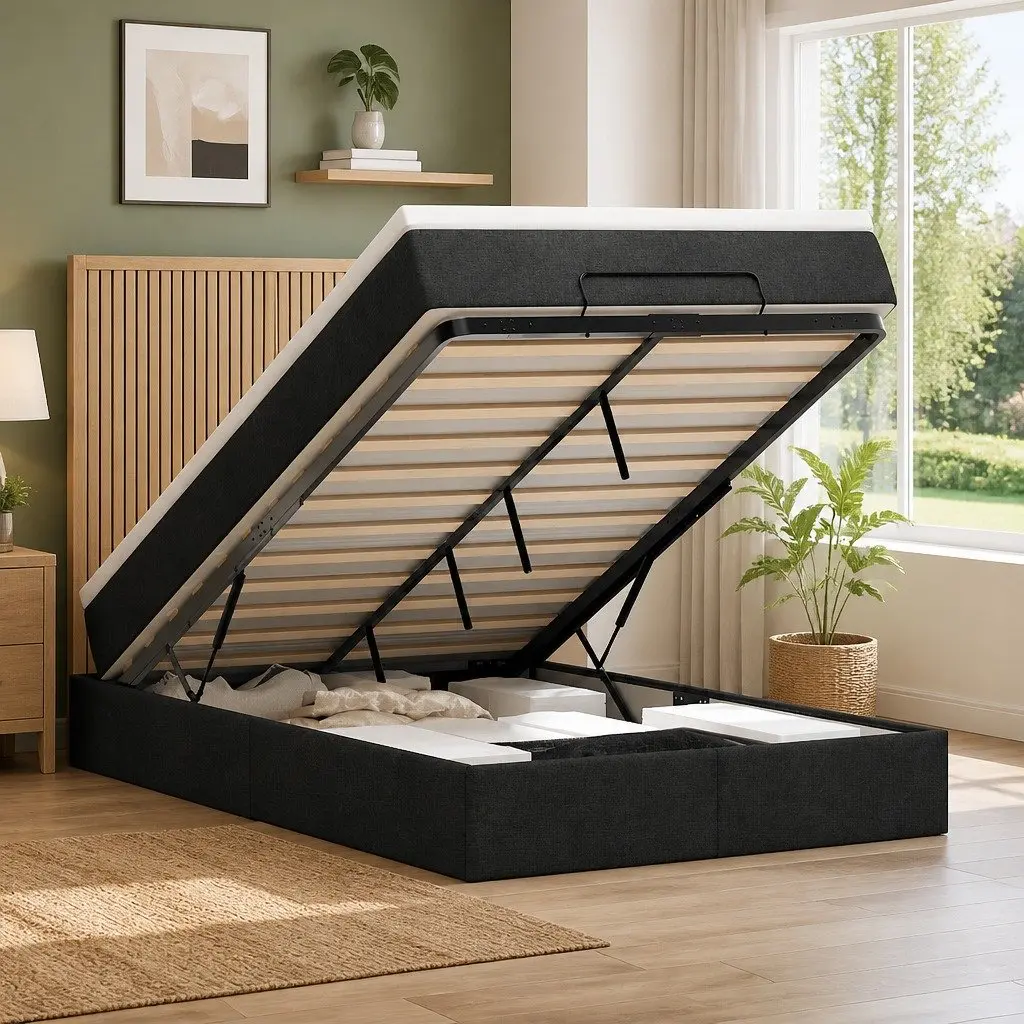 King Single Ottoman Bed with Lift Storage Mechanism Black Fabric and Pocket Spring Mattress