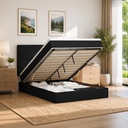 Comforting Queen Ottoman Bed with Storage in Black Velvet