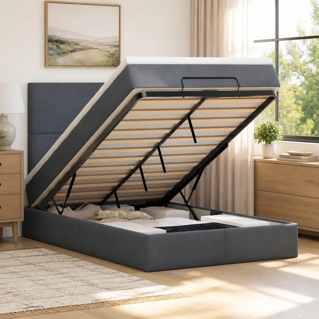 Ottoman Bed King Single Storage Frame Grey Velvet Upholstered with Pocket Spring Mattress
