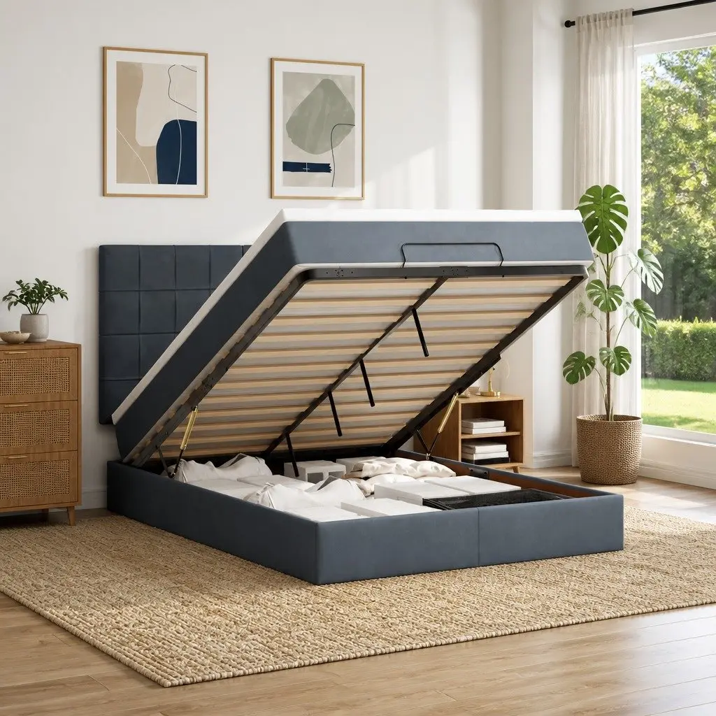 Ottoman Storage Bed Queen Grey Velvet Upholstered with Pocket Spring Mattress