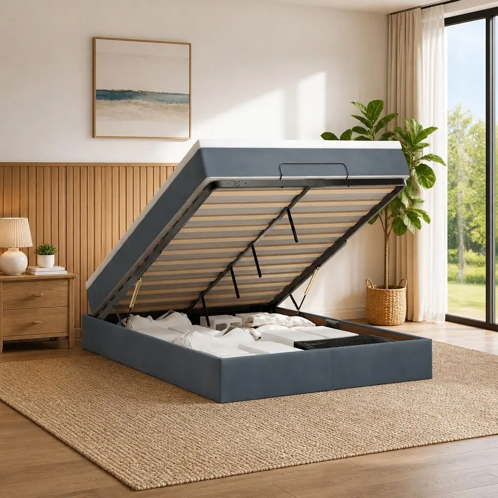 Queen Ottoman Storage Bed with Pocket Spring Mattress Grey Velvet