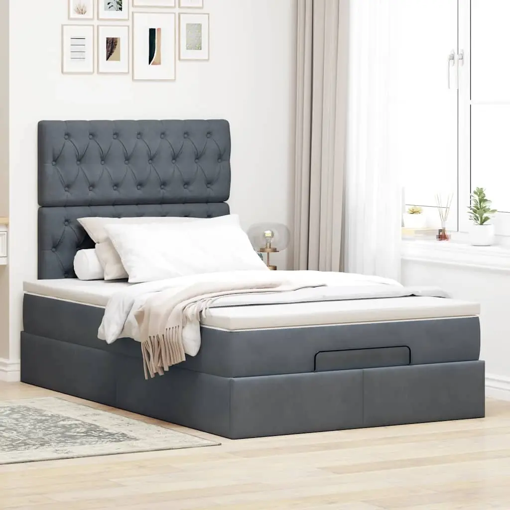 Ottoman Bed with Mattresses King Single Grey Velvet Storage Lift-Up Frame