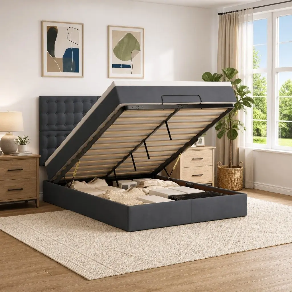 Ottoman Bed Double Grey Velvet Storage Lift Hydraulic with Pocket Spring Mattress and Removable Topper