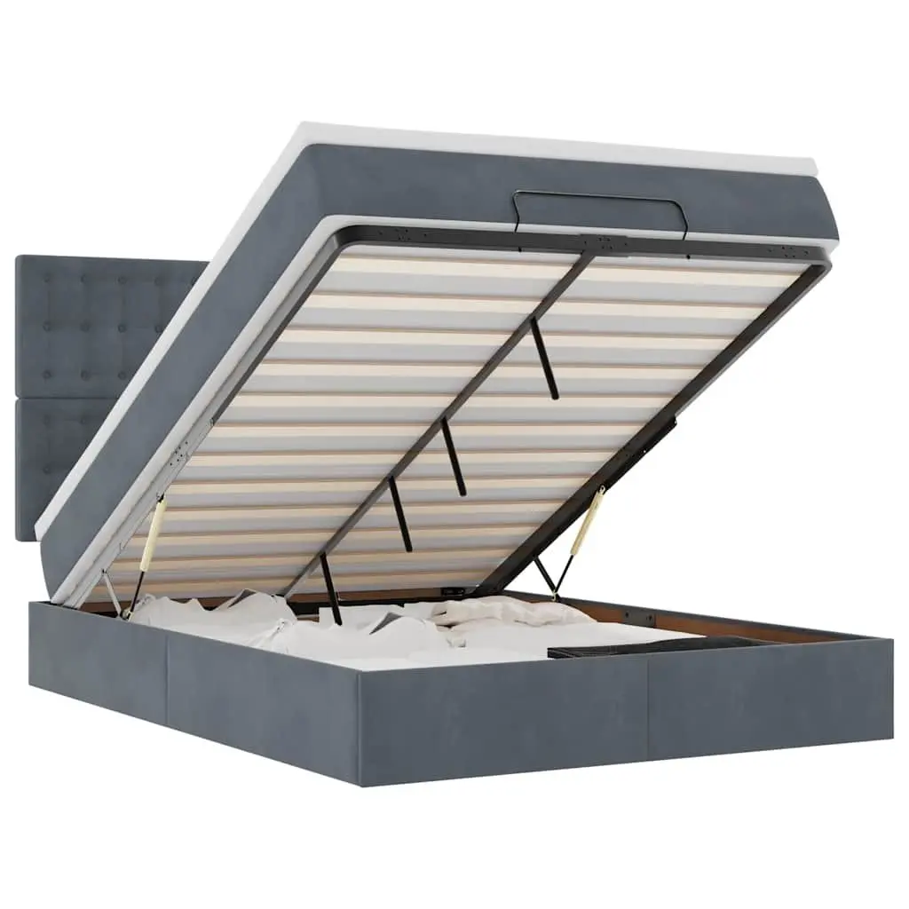 Ottoman Bed Double Grey Velvet Storage Lift Hydraulic with Pocket Spring Mattress and Removable Topper