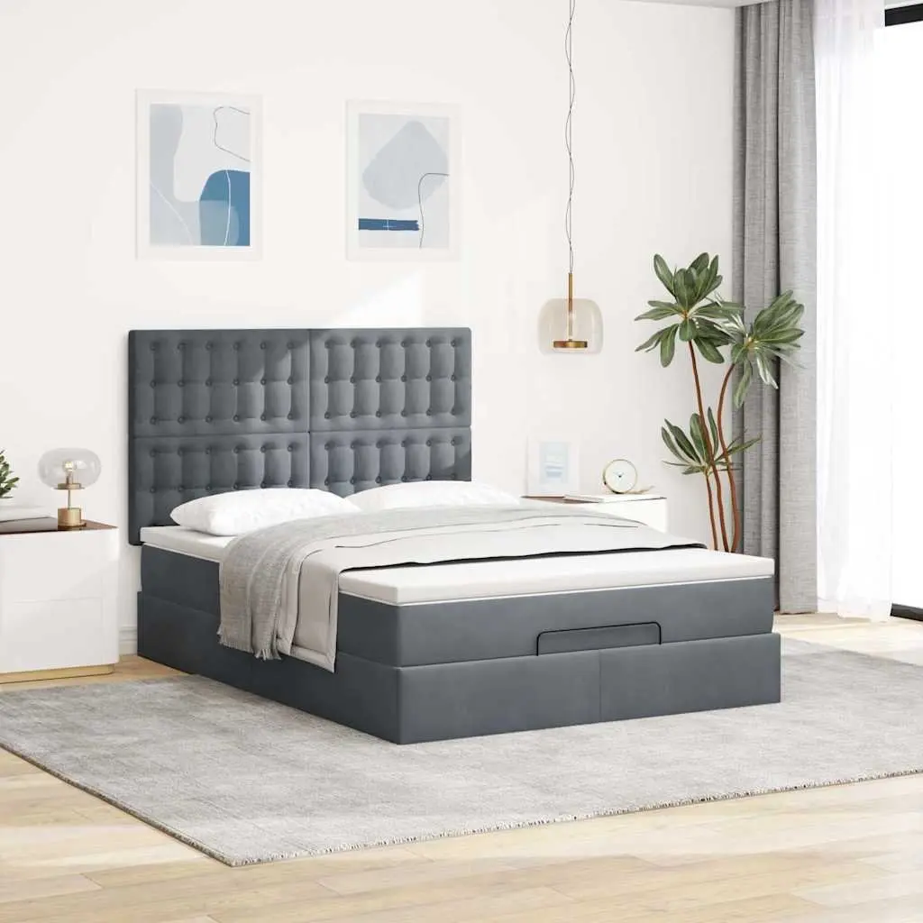 Ottoman Bed Double Grey Velvet Storage Lift Hydraulic with Pocket Spring Mattress and Removable Topper