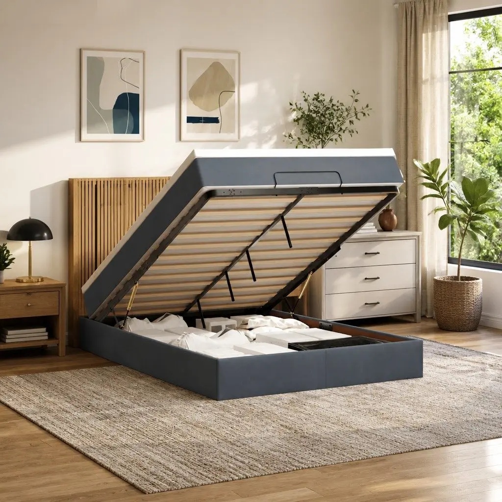 Ottoman Bed Queen Velvet Grey Pocket Spring Mattress Storage Lift