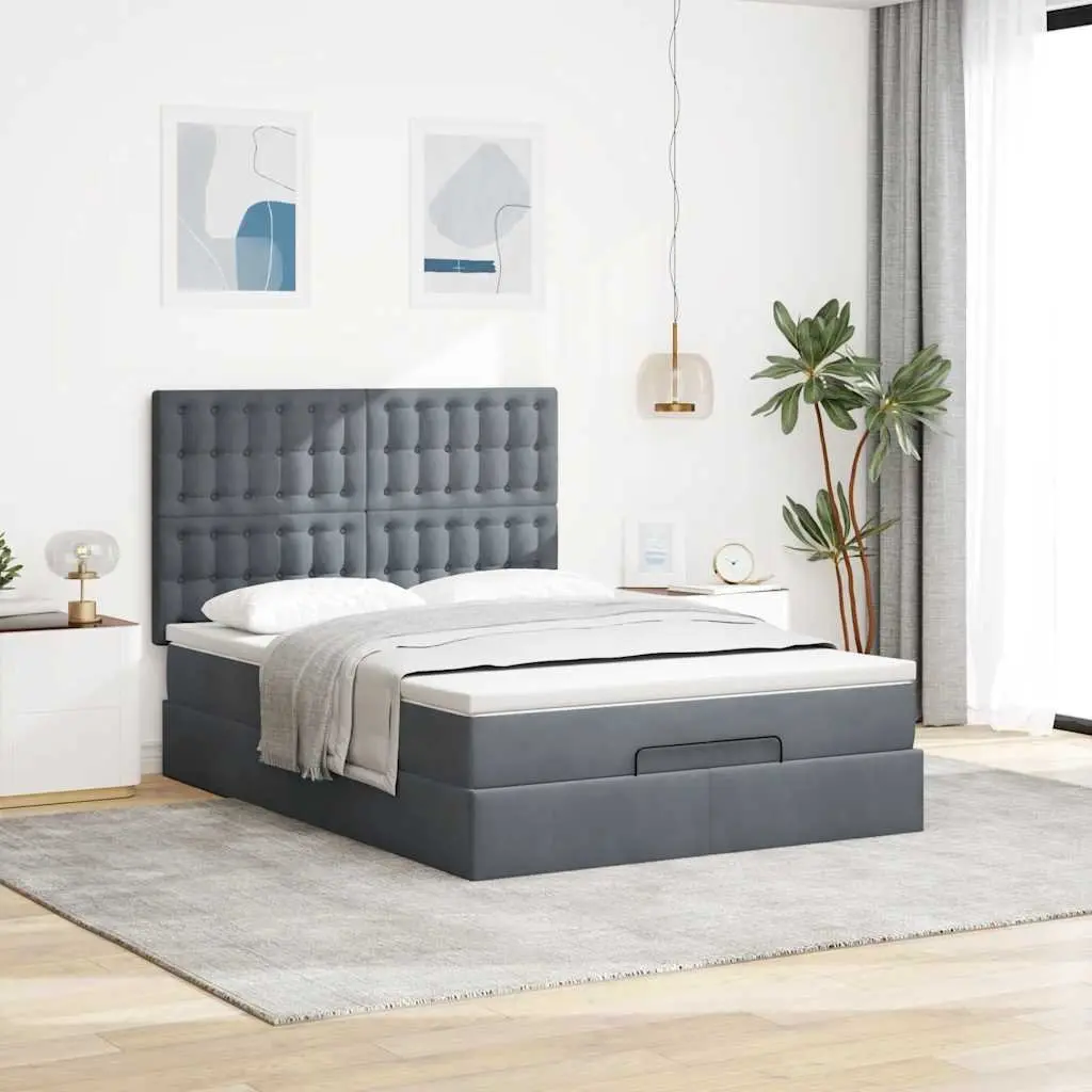 Ottoman Bed Queen Velvet Grey Pocket Spring Mattress Storage Lift