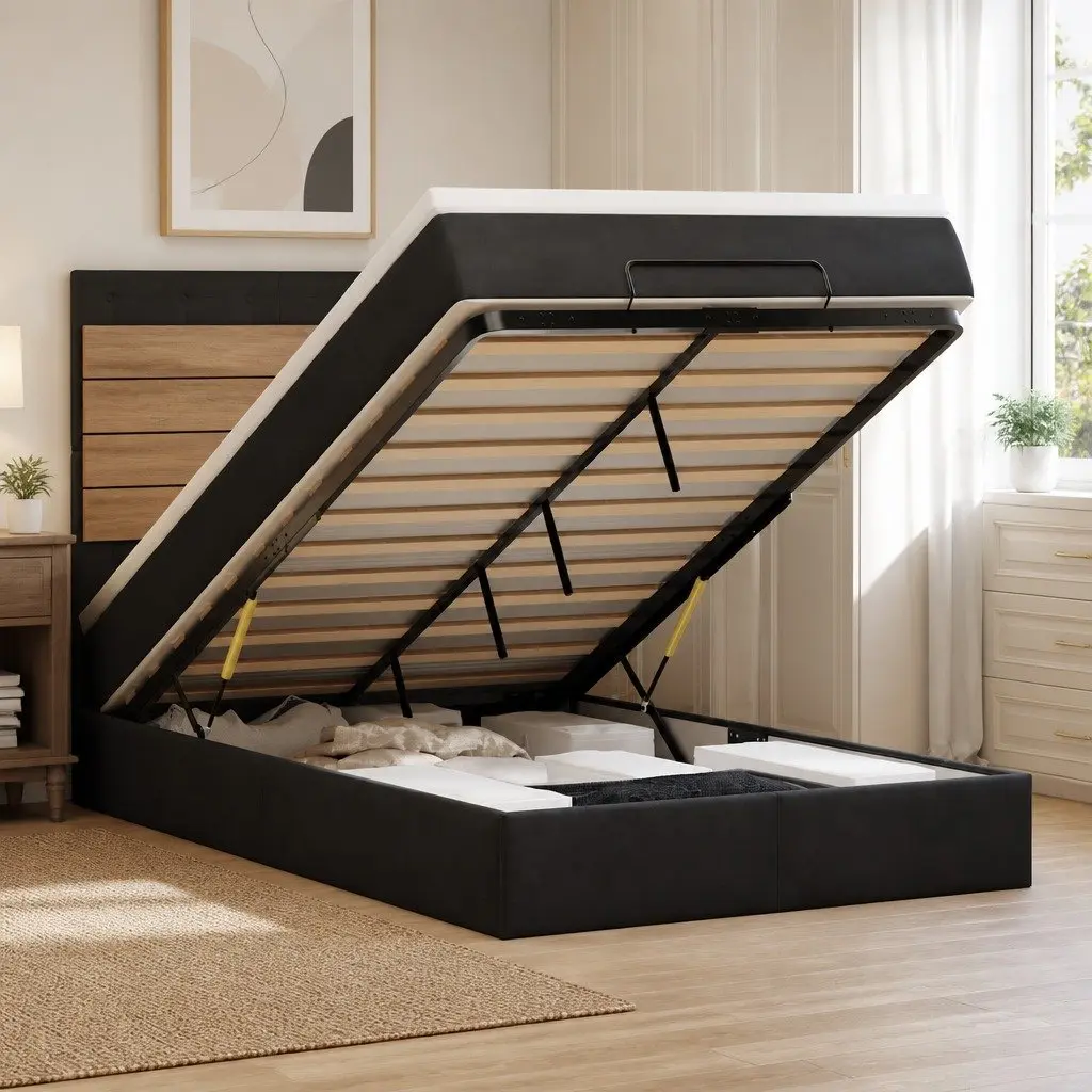 Ottoman Bed King Single Black Velvet Pocket Spring Mattress Storage Lift