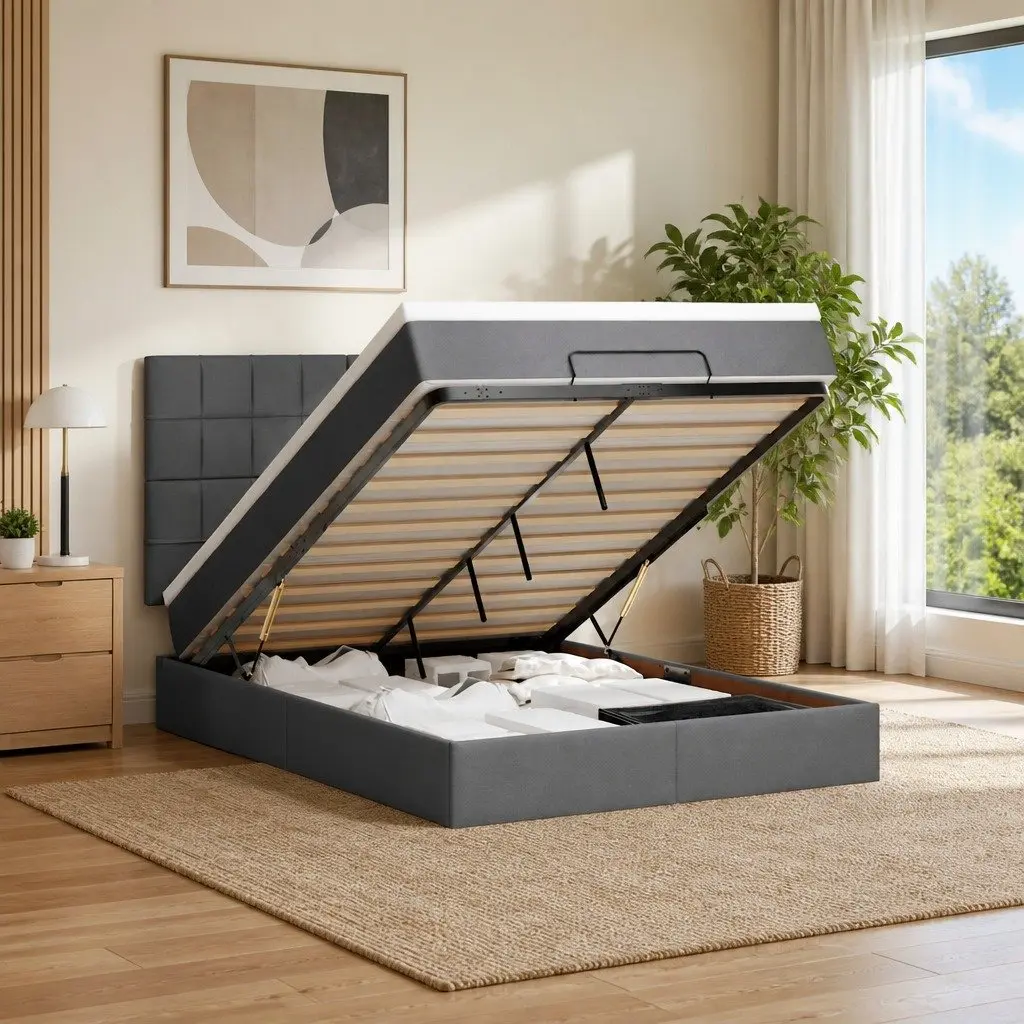 Ottoman Storage Bed Queen Pocket Spring Mattress Grey Upholstered Frame with LED Lights