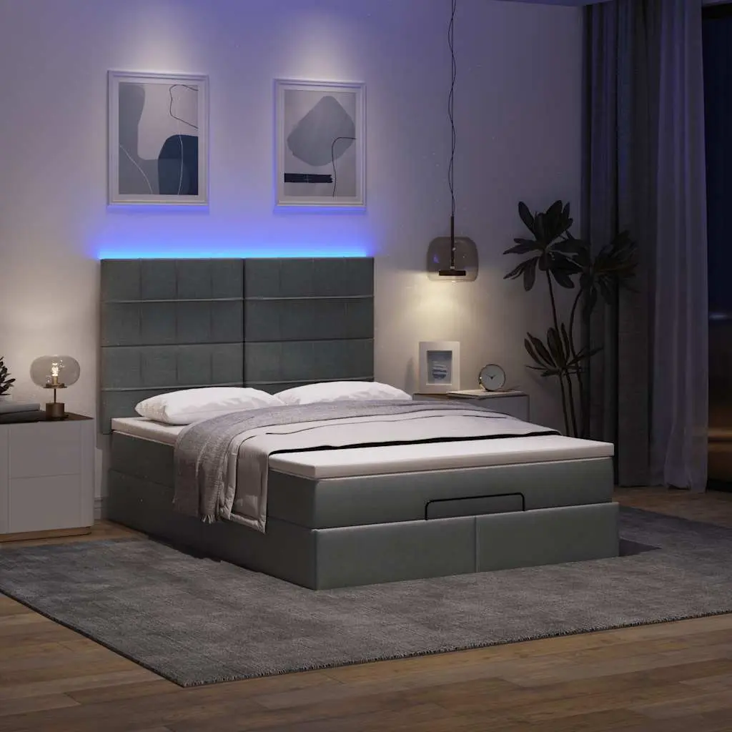 Ottoman Storage Bed Queen Pocket Spring Mattress Grey Upholstered Frame with LED Lights
