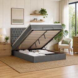 Ottoman Bed Double with Pocket Spring Mattress LED Lights Grey Storage