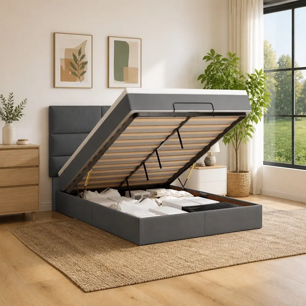 Ottoman Bed with Storage and LED Lights in Grey Fabric