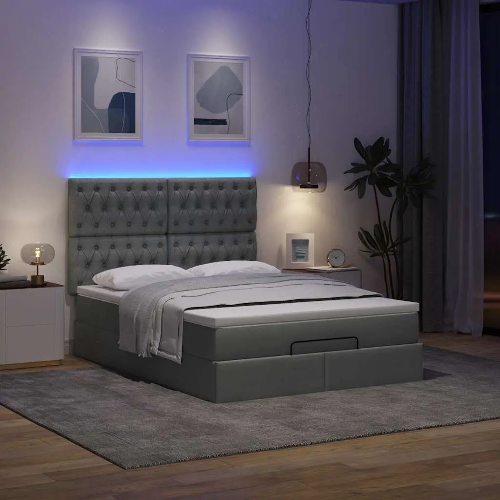 Ottoman Bed with Storage and LED Lights in Grey Fabric