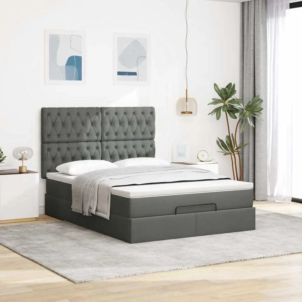 Ottoman Bed with Storage and LED Lights in Grey Fabric