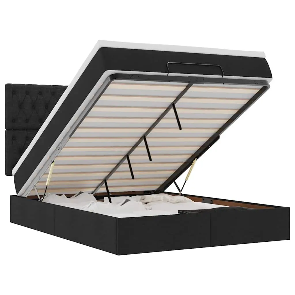Queen Ottoman Bed with Pocket Spring Mattress LED Lights Storage Black Fabric