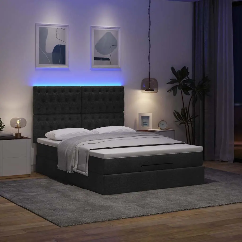 Queen Ottoman Bed with Pocket Spring Mattress LED Lights Storage Black Fabric