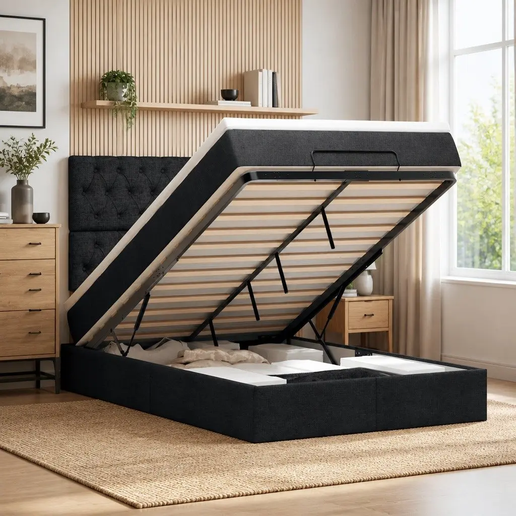 Ottoman Bed with Pocket Spring Mattress LED Lights Storage King Single Black
